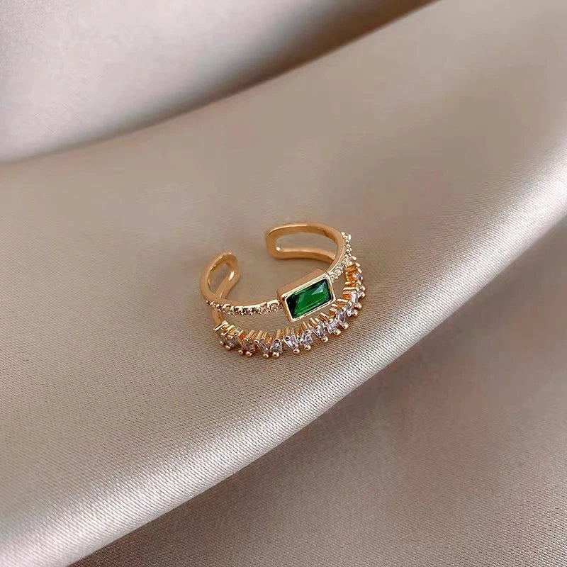 Gold Adjustable Emerald Ring with Zirconia Accents