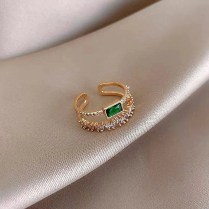 Gold Adjustable Emerald Ring with Zirconia Accents