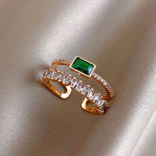 Gold Adjustable Emerald Ring with Zirconia Accents