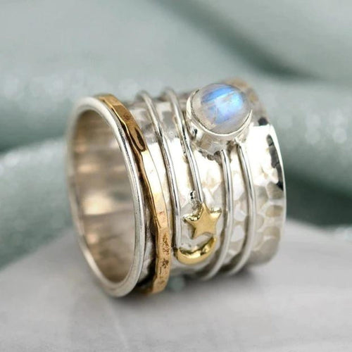 Celestial Moonstone Spinner Ring with Star and Moon Design