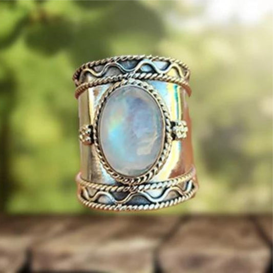 Bohemian Wide Band Ring with Moonstone