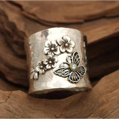 Wide Band Ring with Bee, Flower, and Butterfly Design