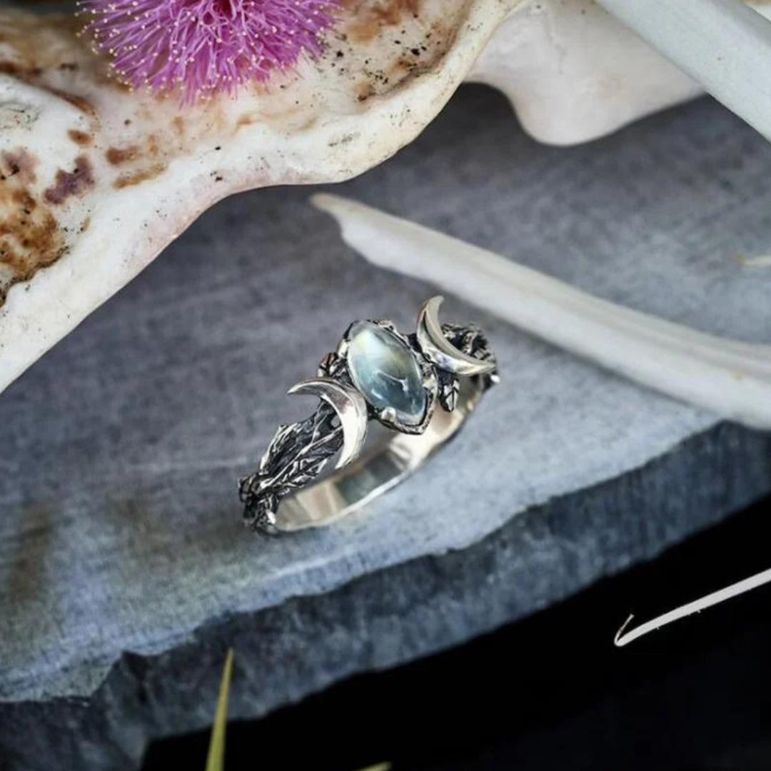 Gemstone Ring with Double Crescent Moon Design