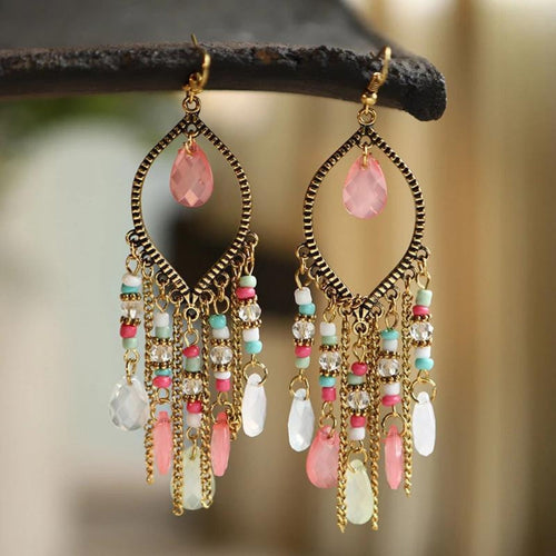 Boho Mandala Dangling Earrings with Pink Zirconia