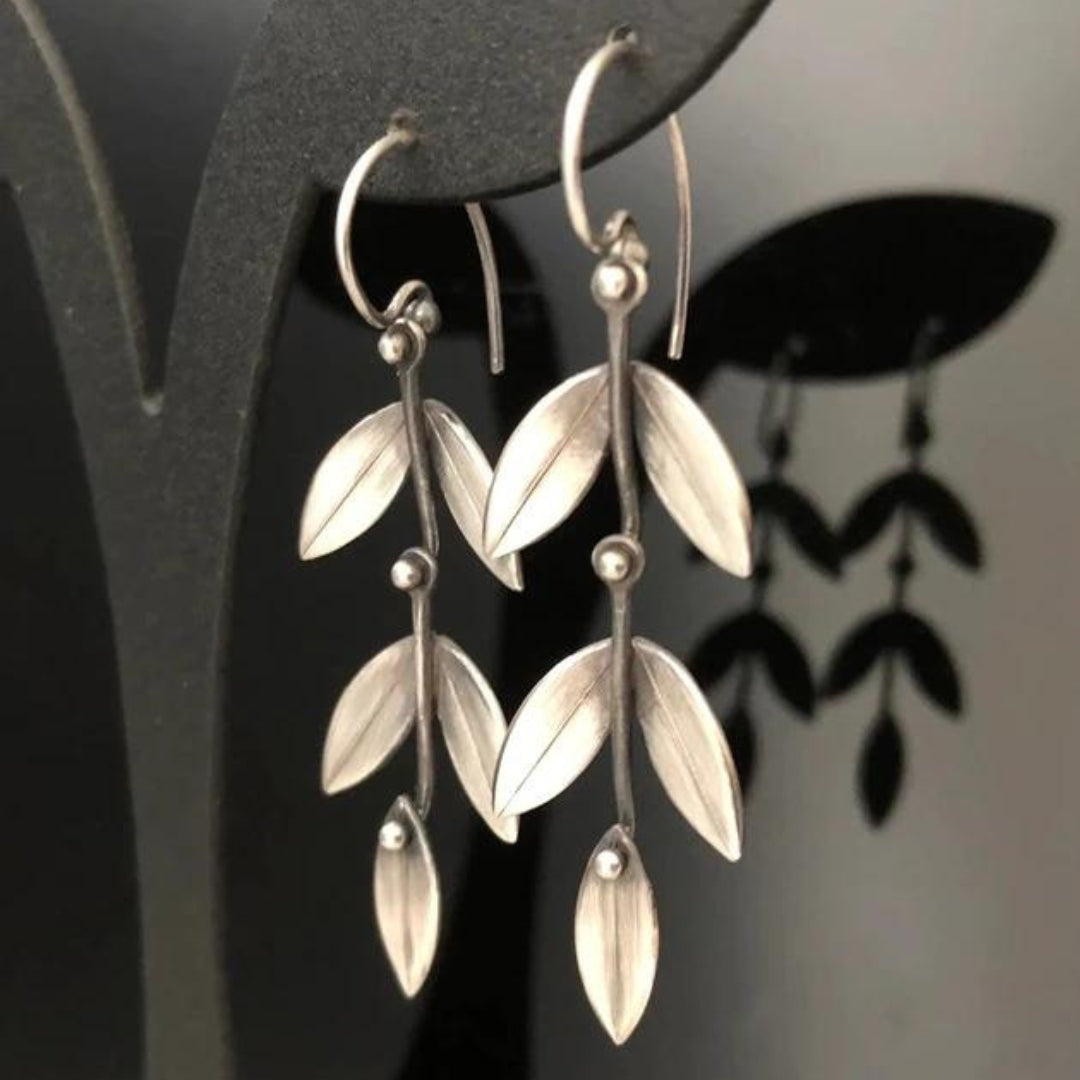 Bohemian Silver Leaf Drop Earrings