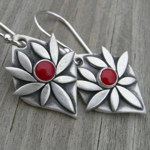 Bohemian Floral Silver Earrings with Red Zirconia