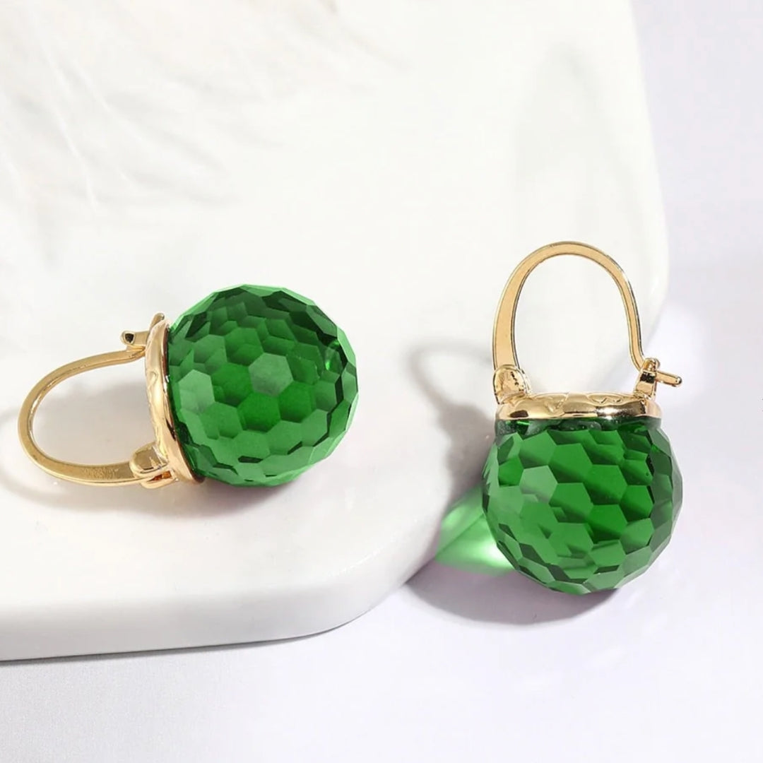 Gold Earrings with Green Crystal Accents