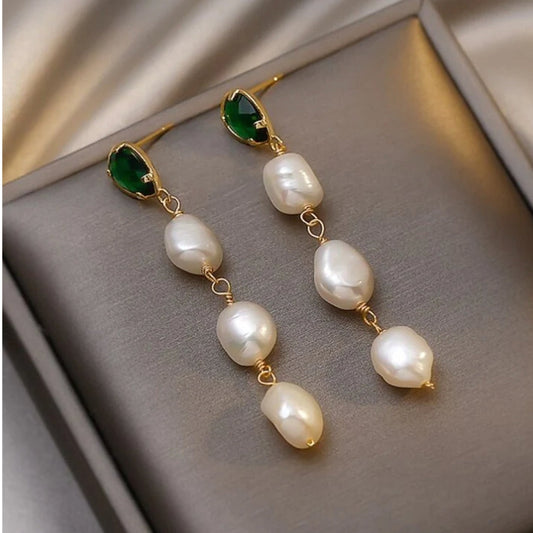 Gold Pearl Pendant Earrings Featuring Emerald Accents