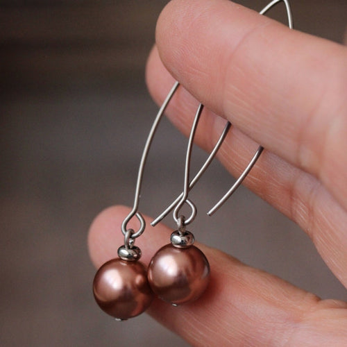 Silver Dangle Earrings with Bronze-Plated Pearls