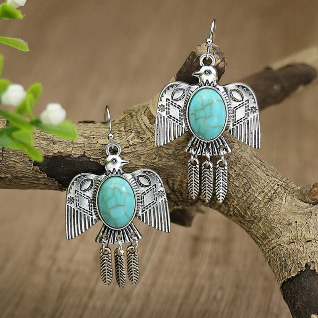 Opal-Accented Silver Bohemian Bird Earrings