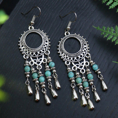 Silver Mandala Earrings with Opal Pendant
