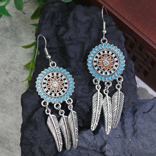 Opal Mandala Earrings Adorned with Silver Leaves