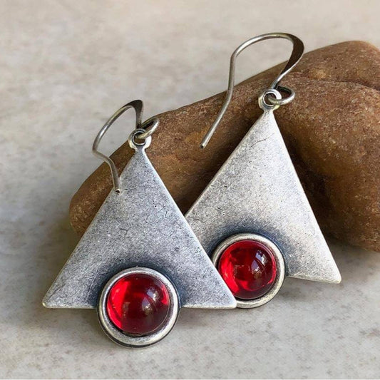 Silver Boho Triangle Earrings Featuring Red Gemstones