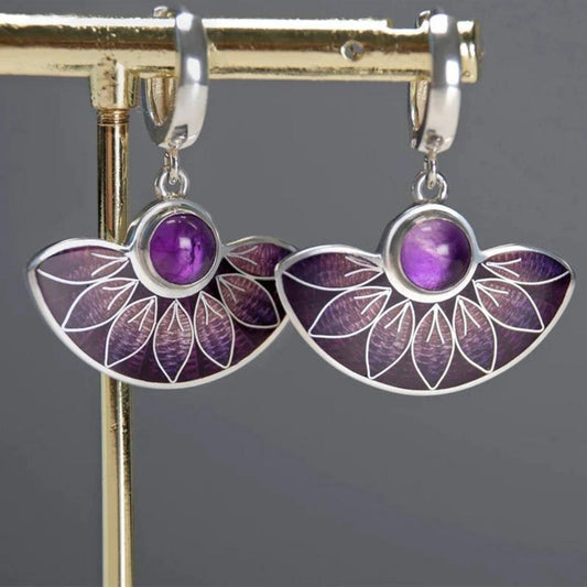 Silver Mandala Earrings with Purple Boho Design