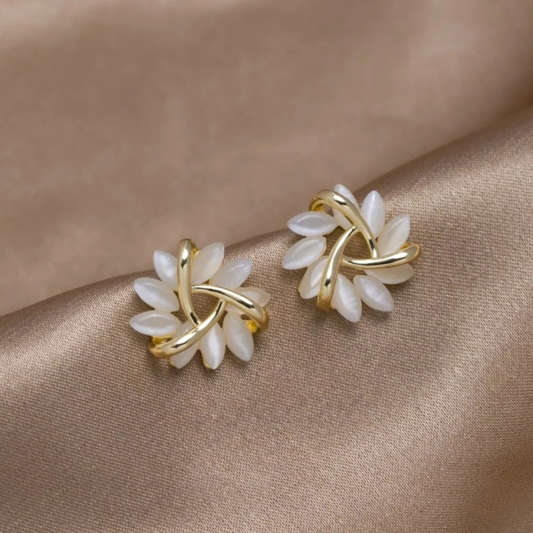 Stunning Gold Circular Opal Flower Stud Earrings