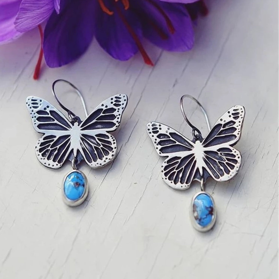 Antique Silver Butterfly Earrings with Blue Gemstone