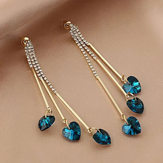 Chic Blue Crystal Heart Drop Earrings