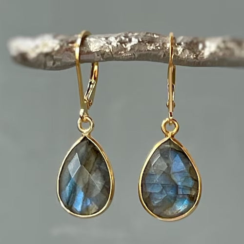 Retro Blue Crystal Drop Earrings with Gold Accents