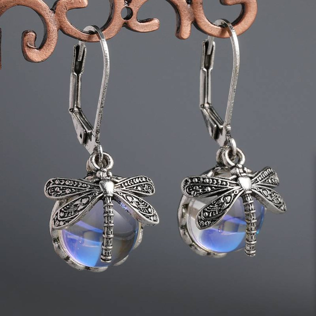 Antique Silver Spherical Dragonfly Earrings