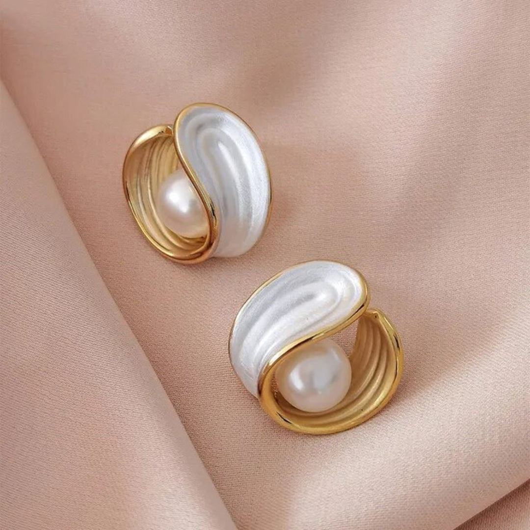 Elegant Gold Earrings Featuring White Opals and Pearls