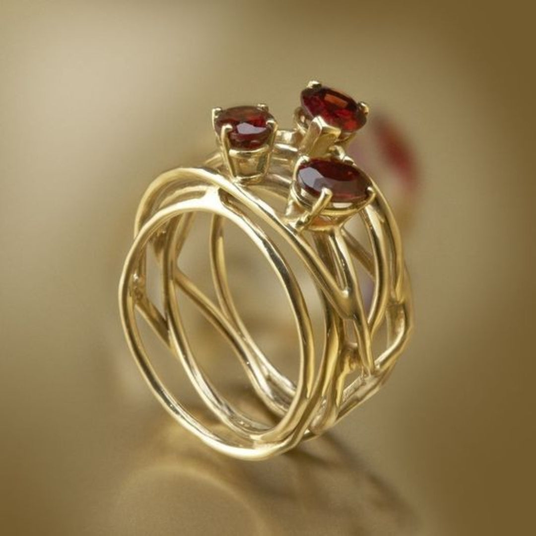 Classic Golden Thin Ring with Vintage Red Zirconia