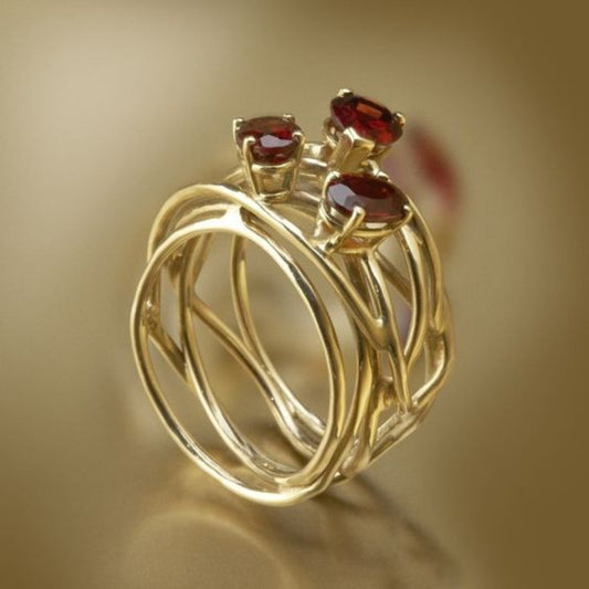 Classic Golden Thin Ring with Vintage Red Zirconia