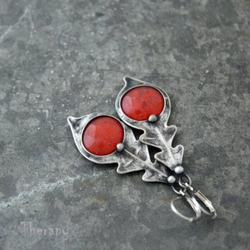 Retro Red Gem Leaf Earrings