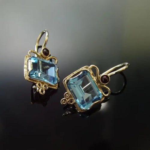 Classic Gold Earrings with Vintage Blue Zirconia