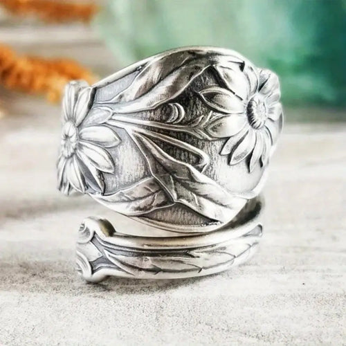 Antique Silver Floral Adjustable Ring