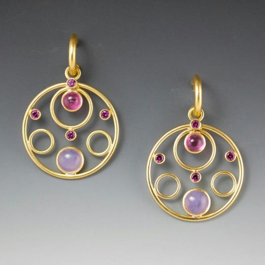 Retro Golden Round Colorful Crystal Earrings