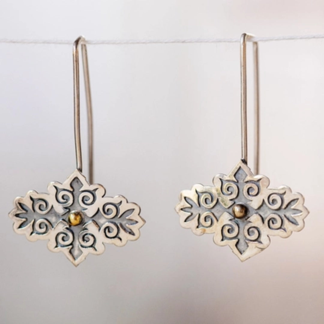 Antique Silver-Plated Earrings with Inlaid Golden Stone