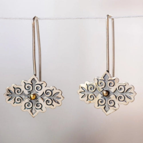 Antique Silver-Plated Earrings with Inlaid Golden Stone
