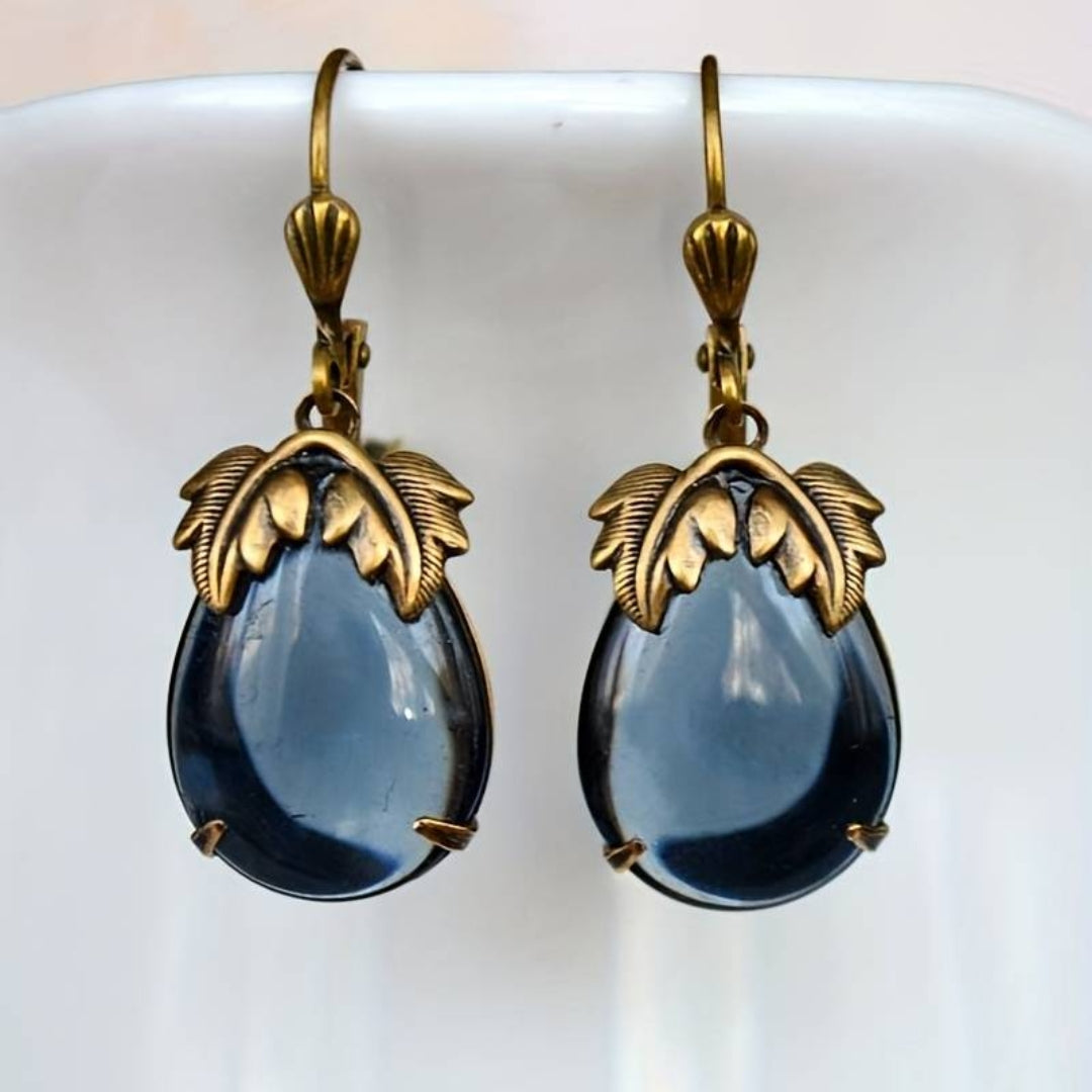 Antique-Inspired Gold Earrings with Blue Crystal Drops