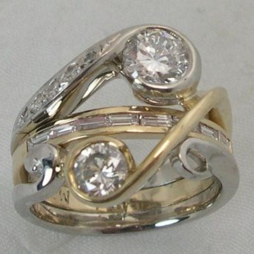 Antique Inlaid Zirconia Gold and Silver Ring