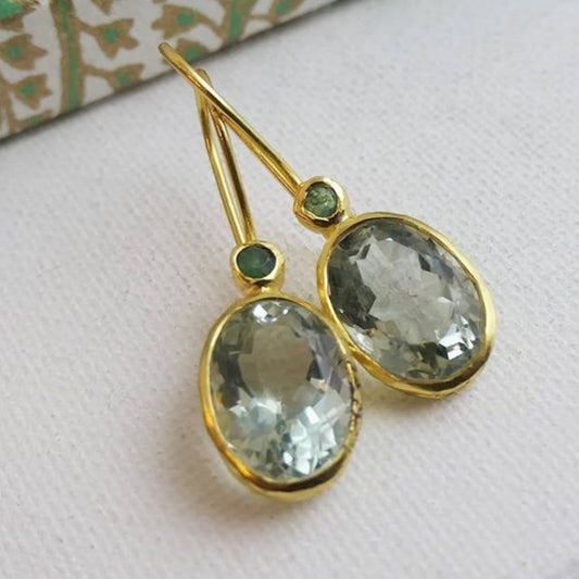 Retro Olive Green Glass and Gold Earrings