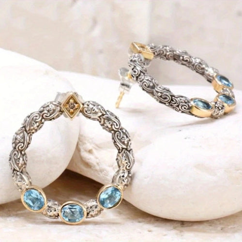 Retro Blue Crystal-Studded Hoop Earrings