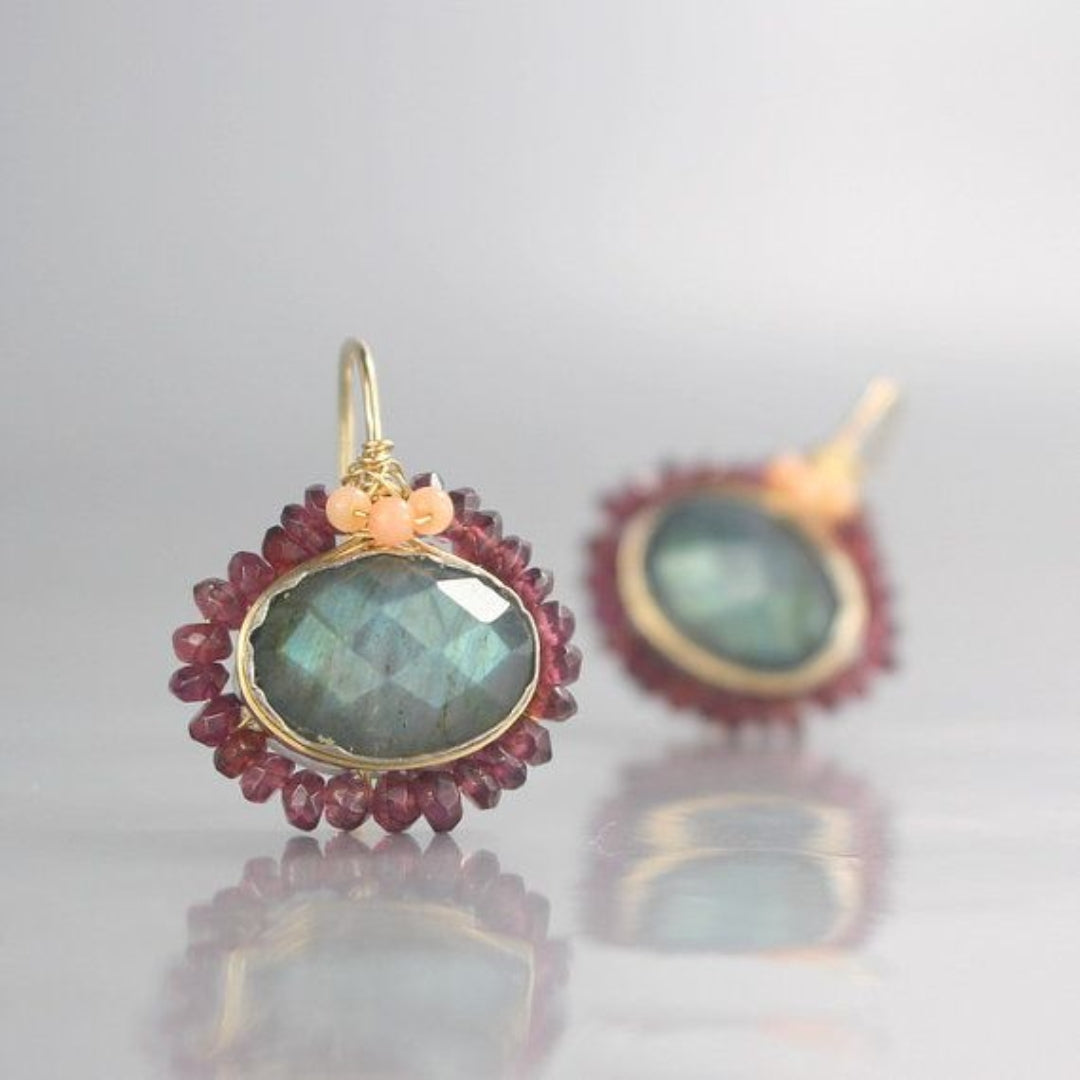 Retro Green and Red Stone Inlaid Earrings