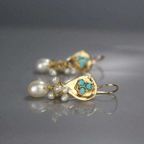 Classic Golden Earrings with Blue Stones and Pearls