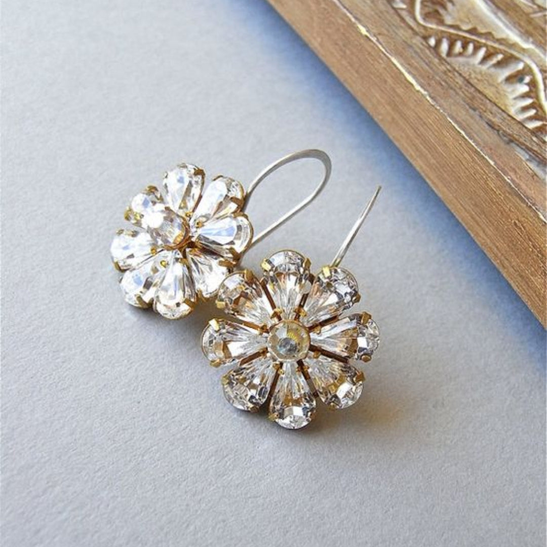 Retro Radiant Crystal Floral Earrings