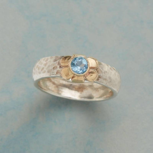 Antique Silver Flower Ring with Blue Zirconia