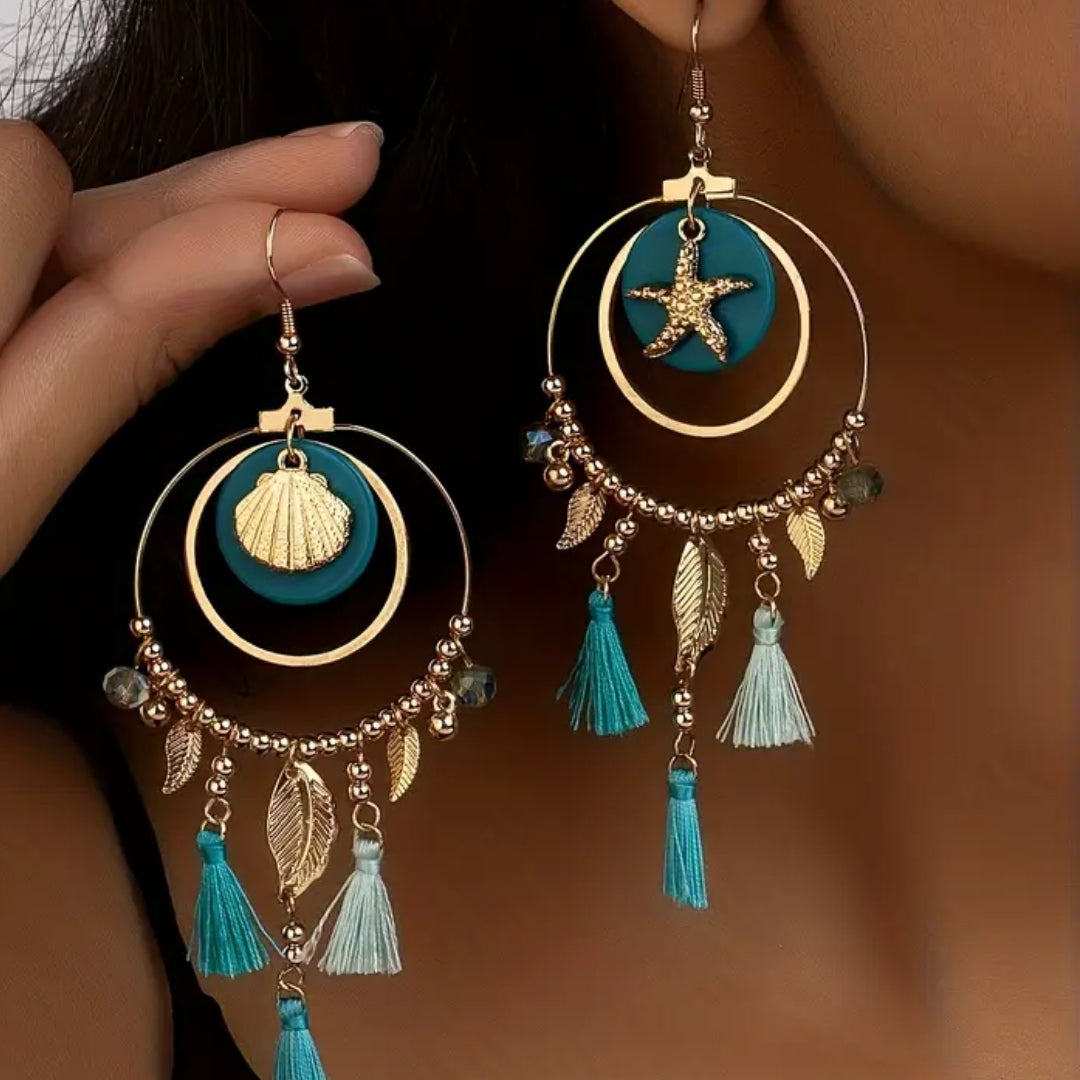 Gold Sea Earrings with Blue Dangles