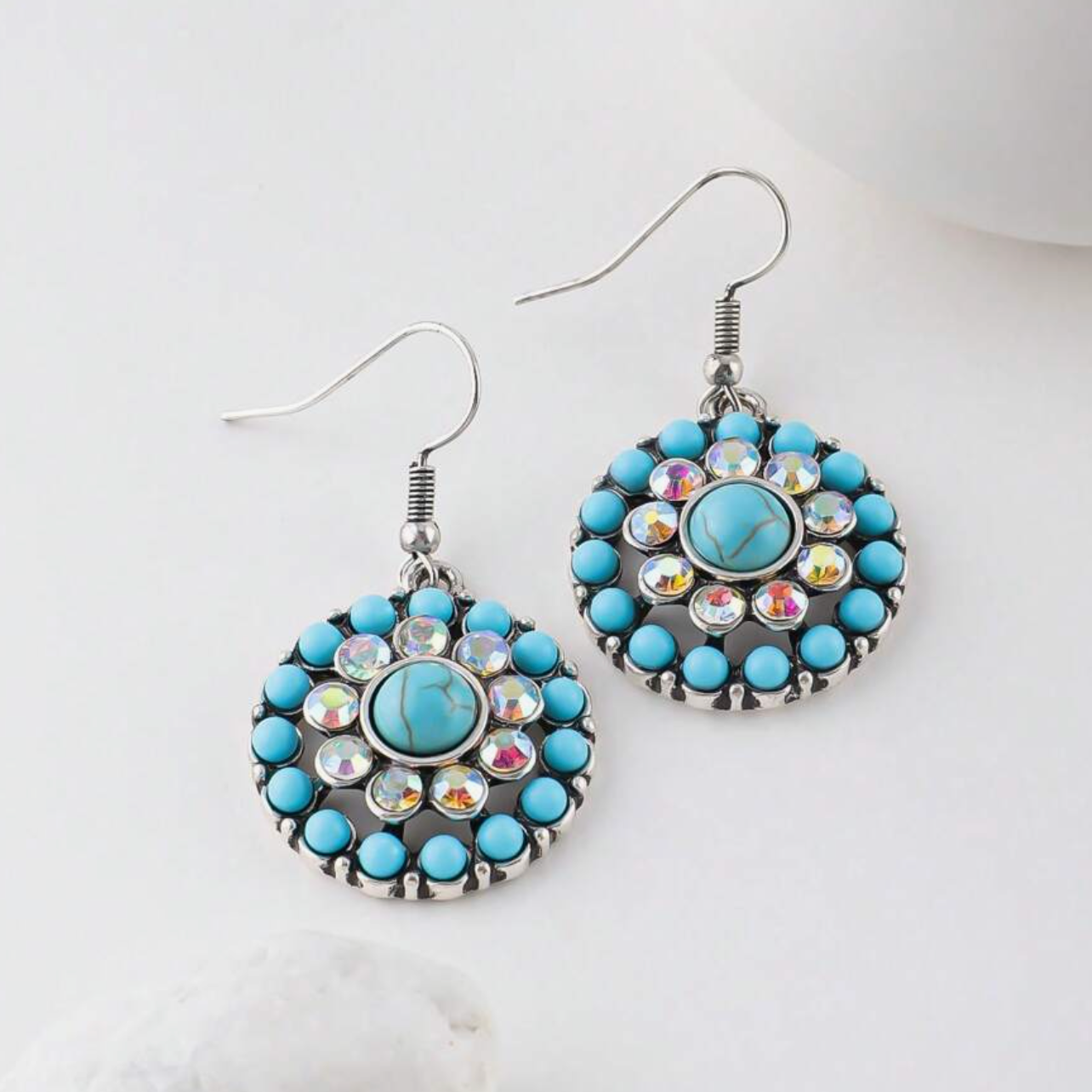 Retro Blue Inlaid Stone Mandala Earrings