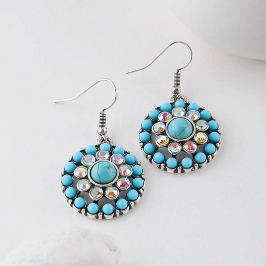 Retro Blue Inlaid Stone Mandala Earrings