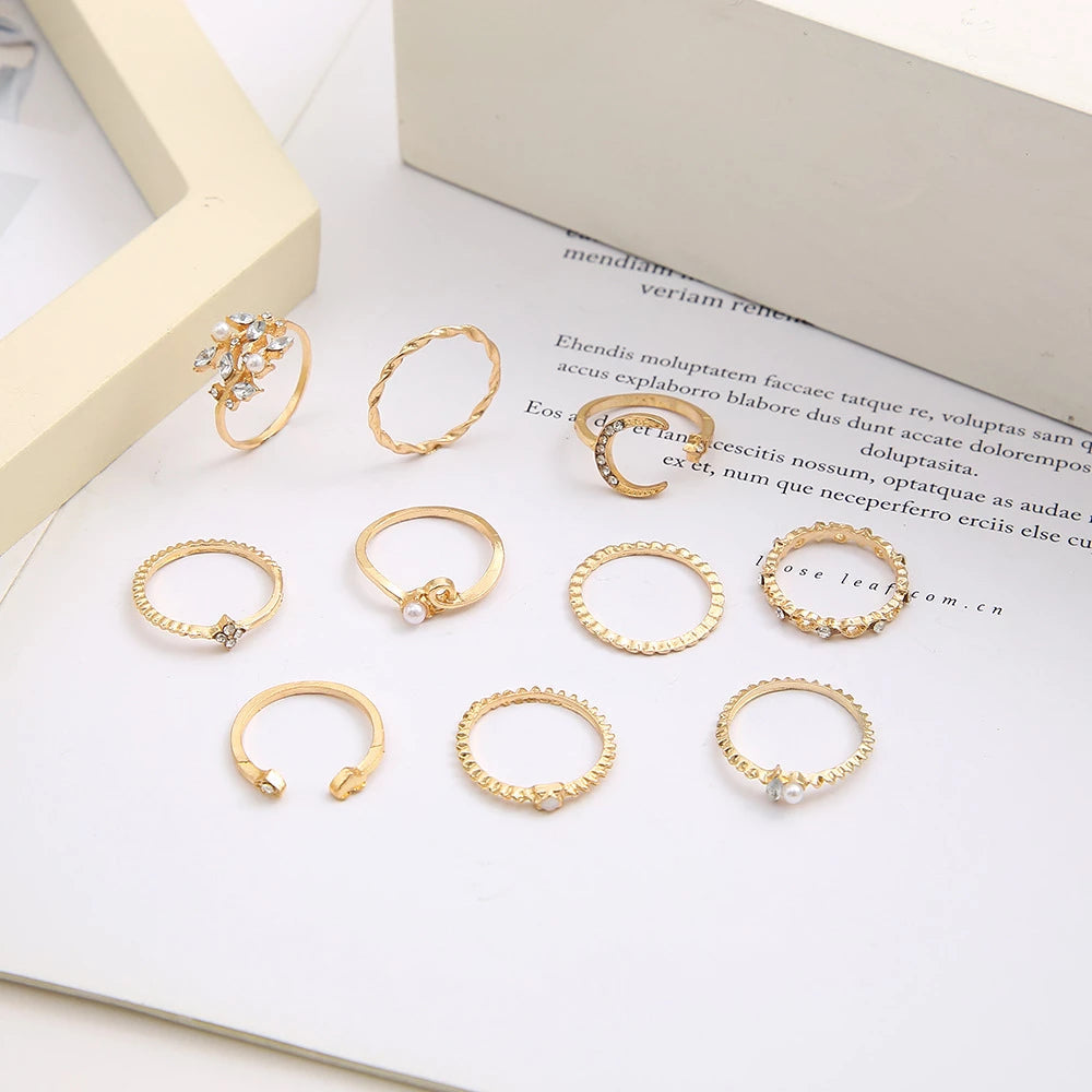Set of 10 Bohemian Silver and Gold-Plated Rings
