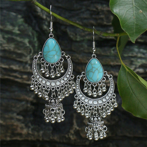 Bohemian Silver Earrings Featuring Bells and Opal Accents