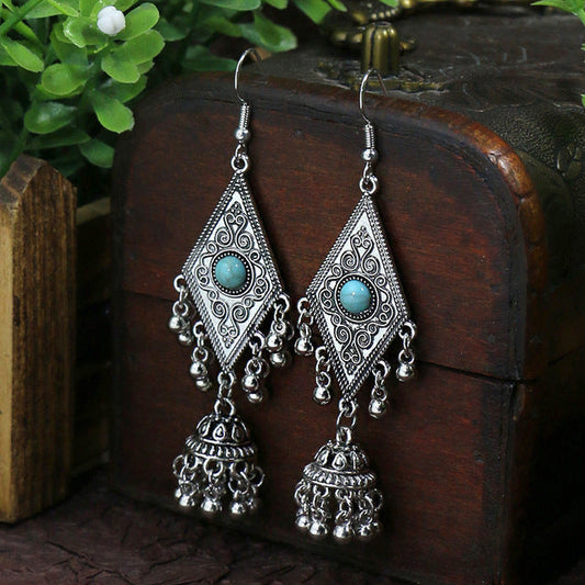 Bohemian Silver Opal Eye Earrings with Bells