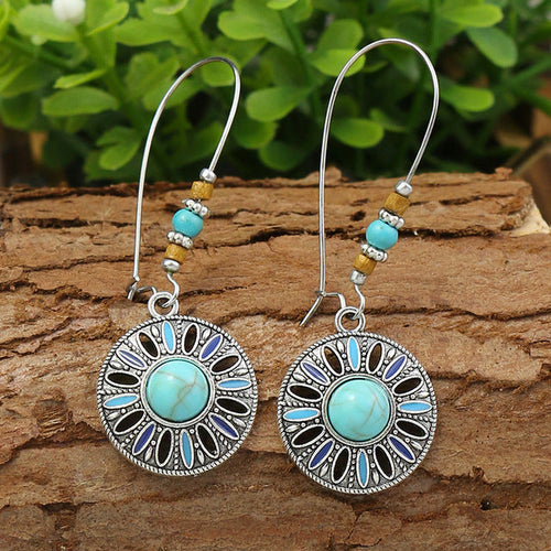 Bohemian Silver Opal Sun Pendant Earrings