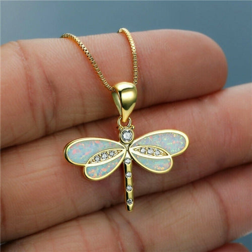 Gold Dragonfly Necklace Featuring Opal