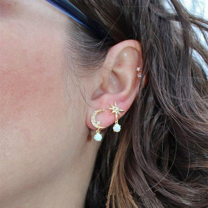 Gold and Opal Moon & Star Earrings