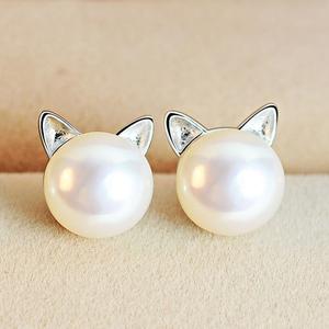Silver Kitten Earrings Adorned with Cultured Pearls